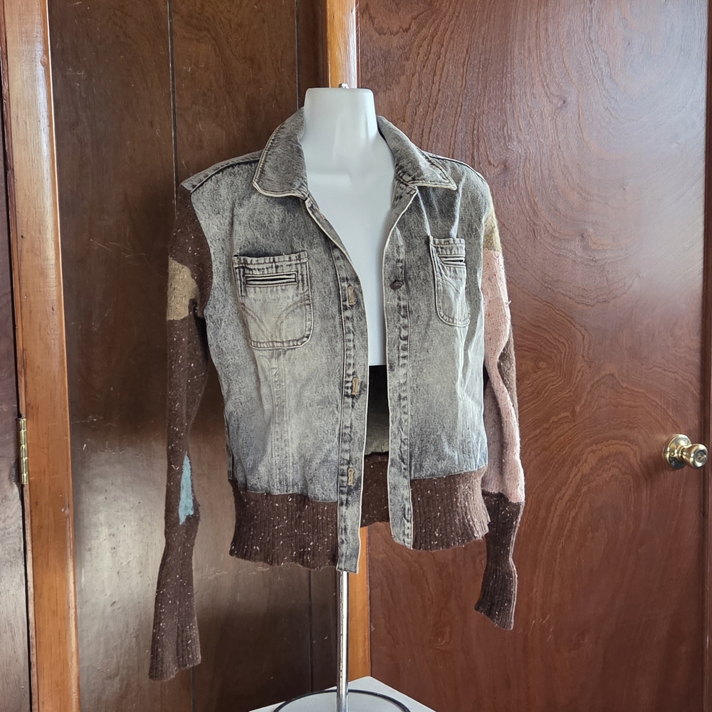Patchwork Denim Jacket with Knit Sleeves